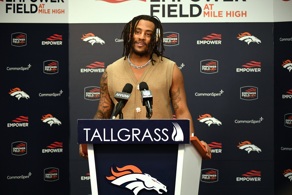 Denver Broncos linebacker Nik Bonitto responds to a question during a news conference after an NFL football game against the Los Angeles Chargers, Sunday, Jan. 4, 2026, in Denver. (AP Photo/Eric Lutzens)