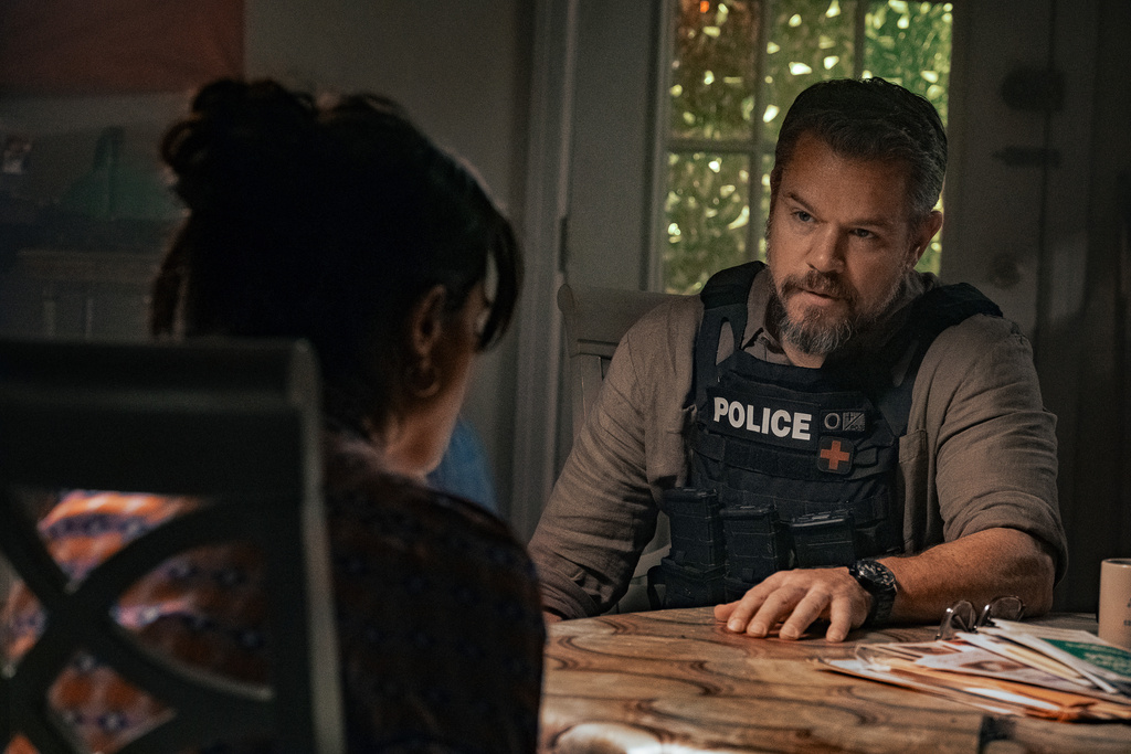 This image released by Netflix shows Matt Damon in a scene from "The Rip." (Claire Folger/Netflix via AP)