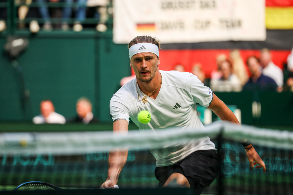 Germany's Alexander Zverev plays Croatia's Dino Prizmic during their Davis Cup tennis match in Halle, Germany, Sunday, Sept. 20, 2026. (Christoph Reichwein/dpa via AP)