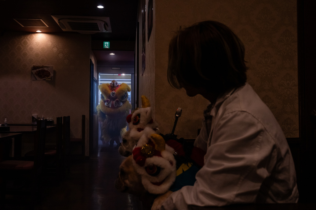 Diners watch a lion dance performance on the first day of Lunar New Year in the Chinatown area in Yokohama, Tuesday, Feb. 17, 2026. (AP Photo/Louise Delmotte)