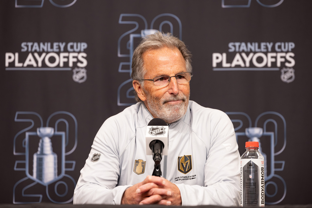 Vegas Golden Knights head coach John Tortorella speak at a press conference after Game 3 of the first round NHL hockey Stanley Cup playoff series against the Utah Mammoth, Friday, April 24, 2026, in Salt Lake City. (AP Photo/Melissa Majchrzak)