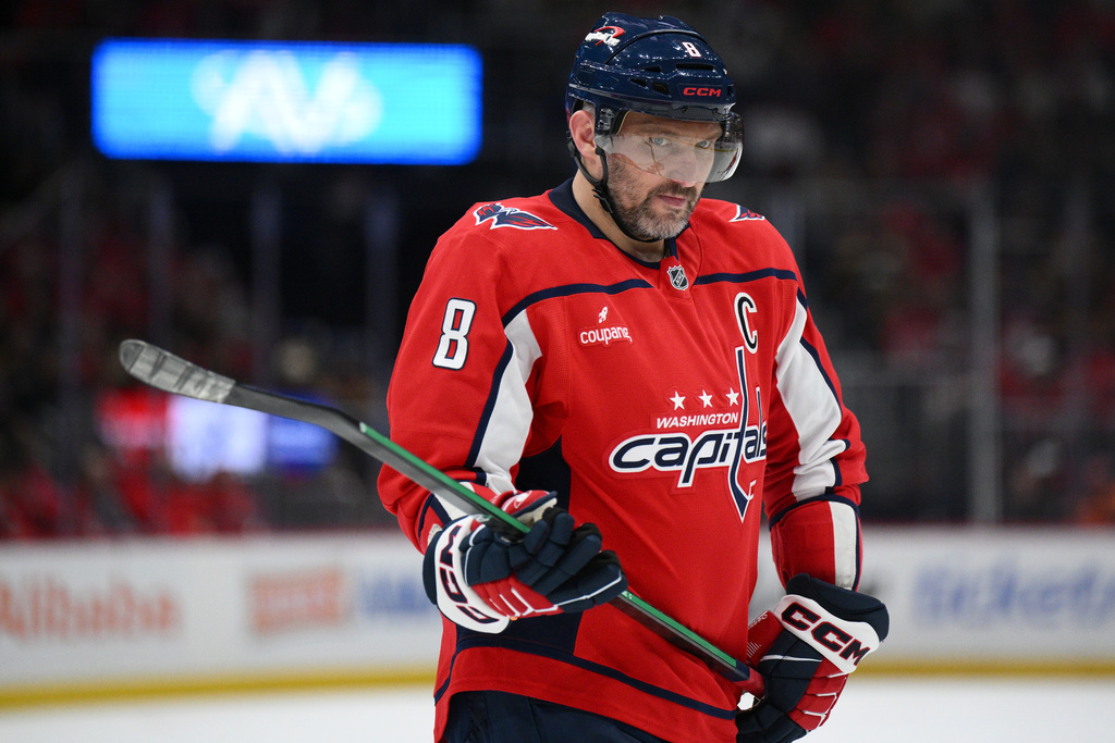 Washington Capitals left wing Alex Ovechkin (8) looks on during the first period of an NHL hockey game against the Boston Bruins, Wednesday, Oct. 8, 2025, in Washington. (AP Photo/Nick Wass)