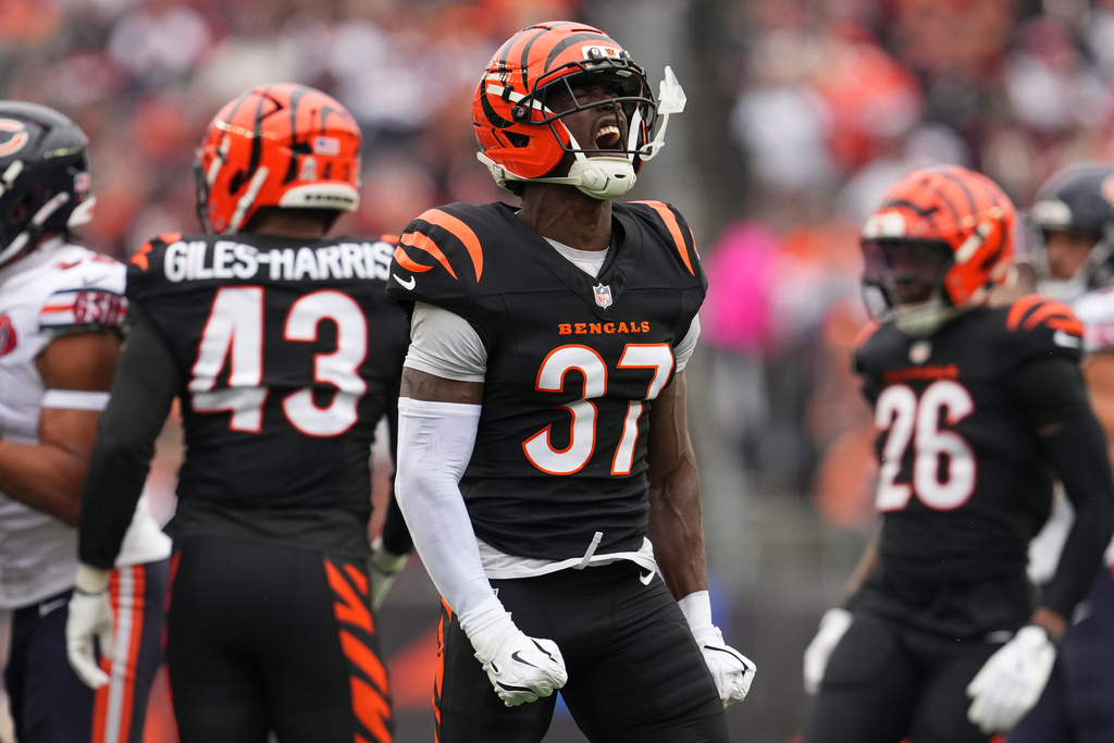 Cincinnati Bengals safety PJ Jules (37) reacts to a tackle during the first half of an NFL football game against the Chicago Bears, Sunday, Nov. 2, 2025, in Cincinnati. (AP Photo/Jeff Dean)