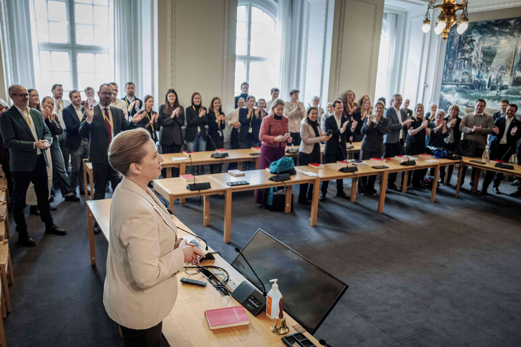 Danish Prime Minister Mette Frederiksen speaks in the Folketing hall, the Danish parliament, in Copenhagen, Thursday, Feb. 26, 2026. (Thomas Traasdahl/Ritzau Scanpix via AP)
