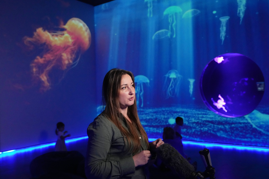 Iryna Pelypkanych, general manager of the Jellyfish Museum, is interviewed at the facility Friday, Aug. 14, 2026, in Pompano Beach, Fla. (AP Photo/Lynne Sladky)