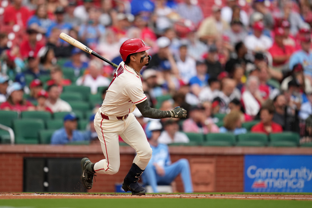 St. Louis Cardinals' Masyn Winn flies out during the first inning of a baseball game against the Kansas City Royals Saturday, May 16, 2026, in St. Louis. (AP Photo/Jeff Roberson)