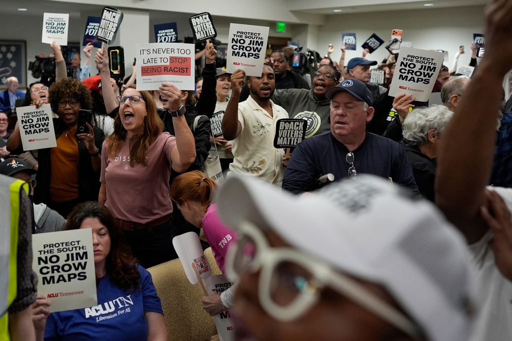 Protesters shut down a Senate committee meeting during a special session of the state legislature to redraw U.S. Congressional voting maps Wednesday, May 6, 2026, in Nashville, Tenn. (AP Photo/George Walker IV)