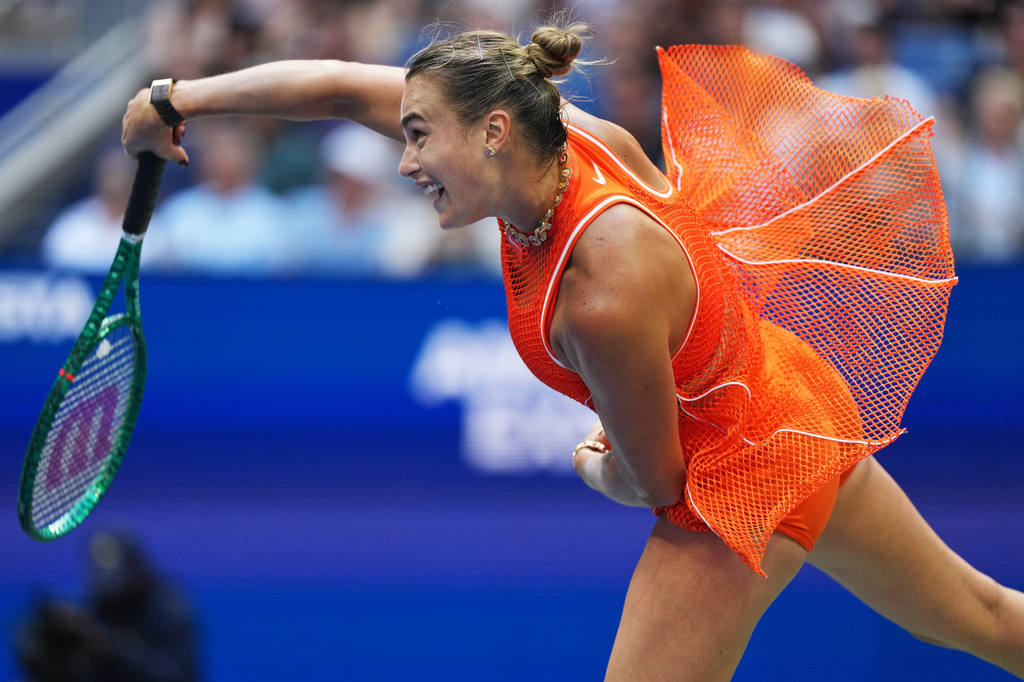 Aryna Sabalenka, of Belarus, serves the ball to Elena Rybakina, of Kazakhstan, during the women's singles final of the U.S. Open tennis championships Saturday, Sept. 12, 2026, in New York. (AP Photo/Kirsty Wigglesworth)