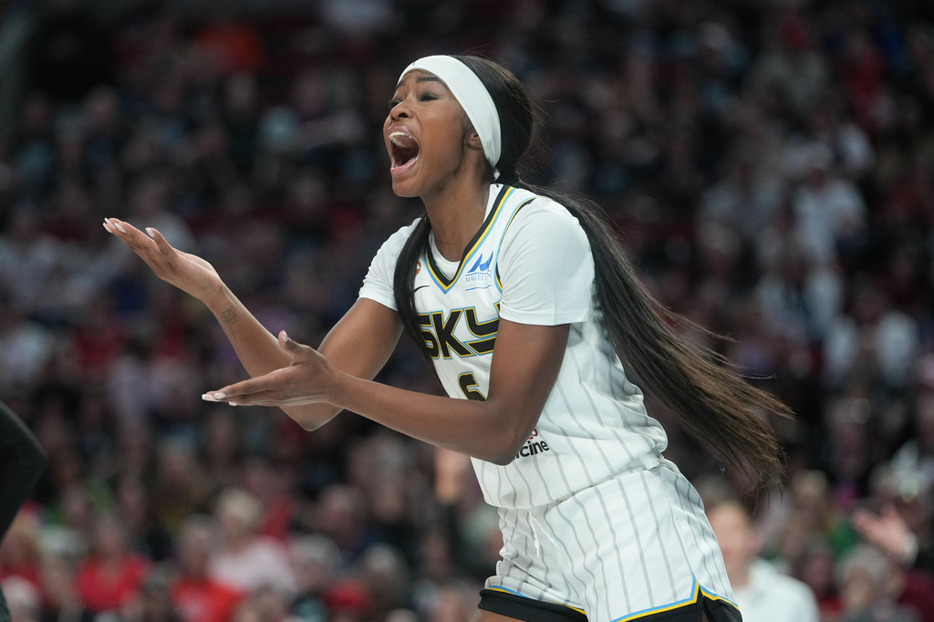 Chicago Sky forward Rickea Jackson reacts after a call during the second half of a WNBA basketball game against the Portland Fire, Saturday, May 9, 2026, in Portland, Ore. (AP Photo/Jenny Kane)