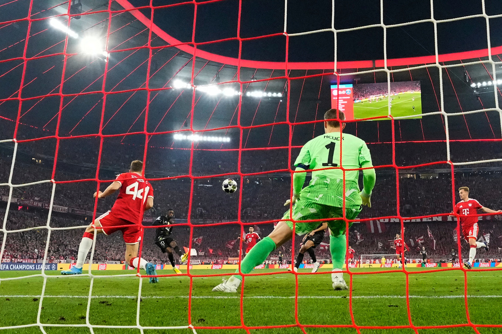 PSG's Ousmane Dembele scores the opening goal of his team during the Champions League semifinal second leg soccer match between Bayern Munich and Paris Saint Germain in Munich, Germany, Wednesday, May 6, 2026. (AP Photo/Martin Meissner)