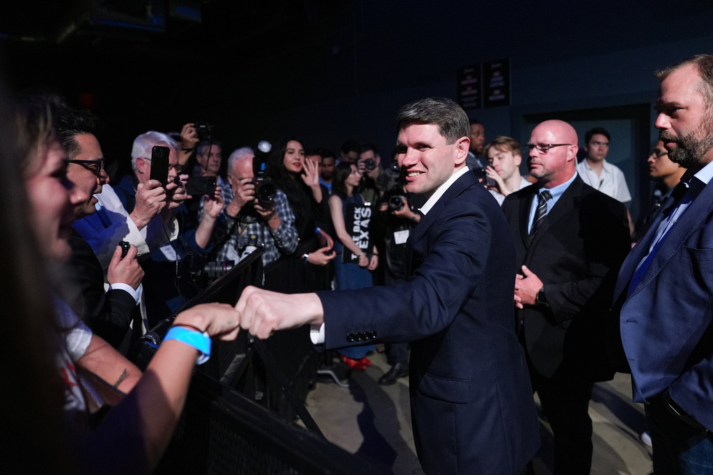 Texas state Rep. James Talarico, D-Austin, a Democratic candidate for the U.S. Senate, greets supporters at a primary election watch party Tuesday, March 3, 2026, in Austin, Texas. (AP Photo/Eric Gay)
