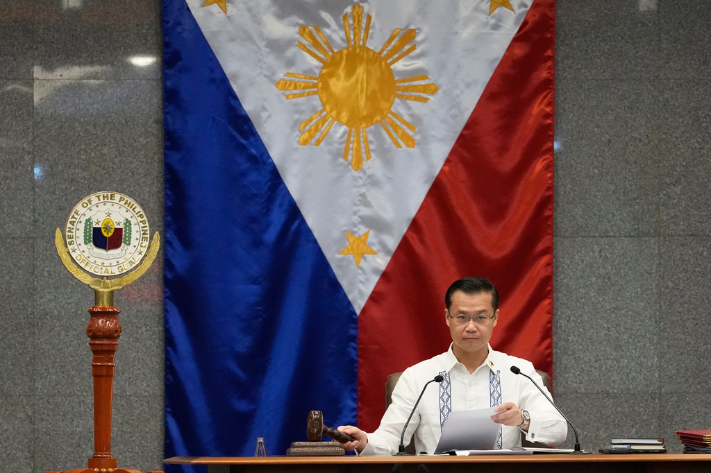 New Senate President Sherwin Gatchalian bangs the gavel during a special session at the Philippine Senate in Pasay city, Philippines on Wednesday, June 17, 2026. (AP Photo/Aaron Favila)
