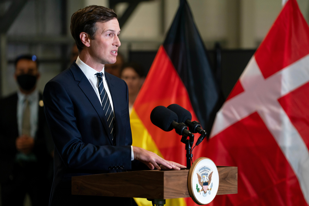 FILE - Jared Kushner speaks during a news conference following a military briefing with U.S. Vice President JD Vance at the Civilian Military Coordination Center in southern Israel, Oct. 21, 2025. (Nathan Howard/The New York Times via AP, Pool, File)