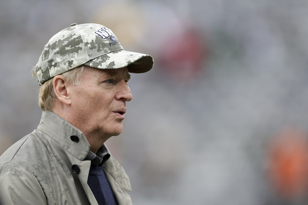 NFL commissioner Roger Goodell looks on prior to an NFL football game between the New York Jets and the Pittsburgh Steelers Sunday, Sept. 7, 2025, in East Rutherford, N.J. (AP Photo/Adam Hunger)