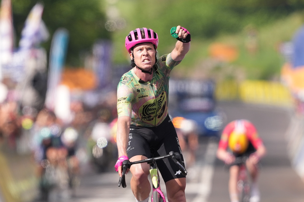 Denmark's Michael Valgren celebrates winning the 17th stage of the Giro d'Italia cycling race from Cassano D'Adda to Andalo, Italy, Wednesday, May 27, 2026. (Gianmattia D'Albertoi/LaPresse via AP)