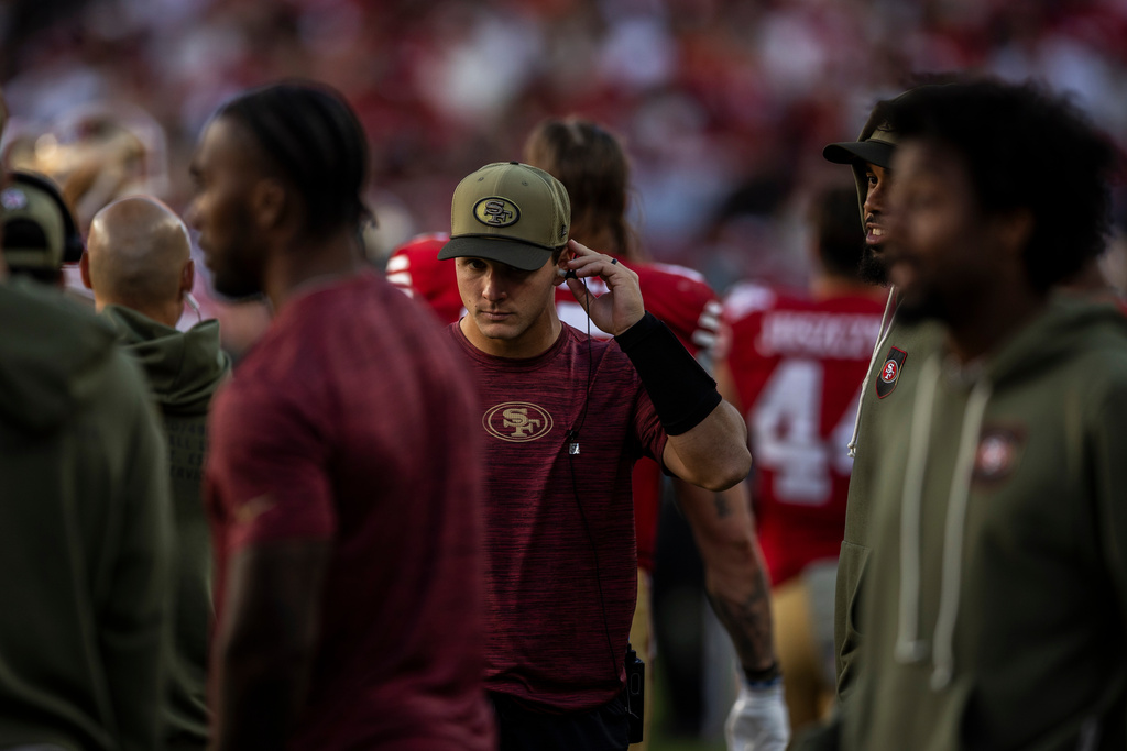 San Francisco 49ers quarterback Brock Purdy (13) is seen on the sideline during the second half of a NFL football game against the Los Angeles Rams in Santa Clara, Calif., Sunday, Nov. 9, 2025. (Stephen Lam/San Francisco Chronicle via AP)