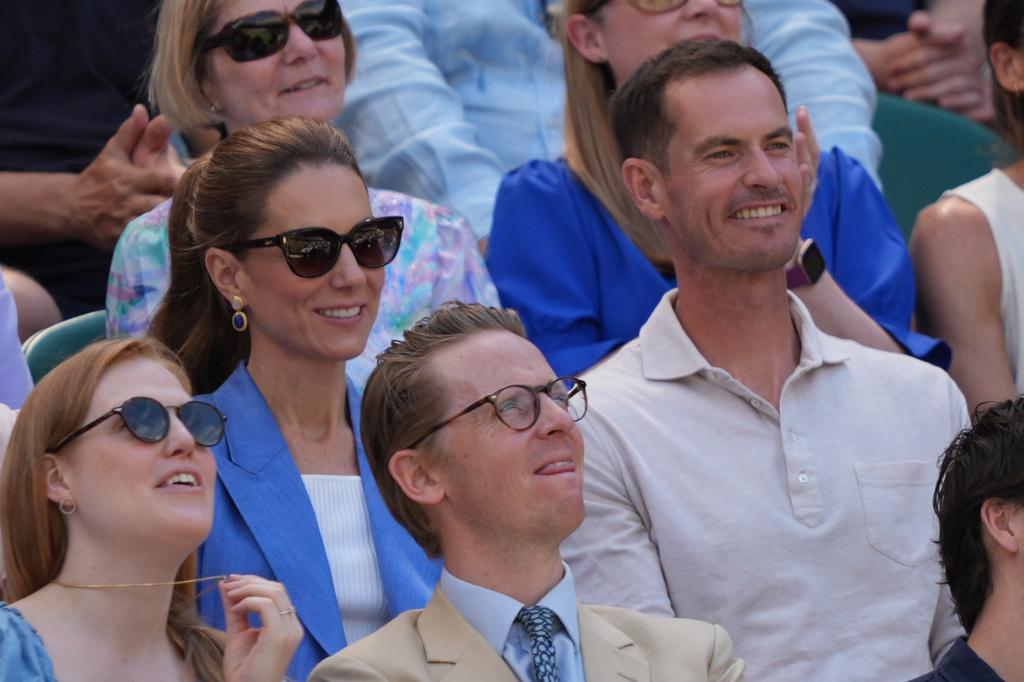 Britain's Kate, Princess of Wales, and former tennis player Andy Murray watch the second round women's singles match between Katie Swan of Britain and Madison Keys of the United States, at the Wimbledon Tennis Championships in London, Thursday, July 2, 2026. (AP Photo/Maja Smiejkowska)
