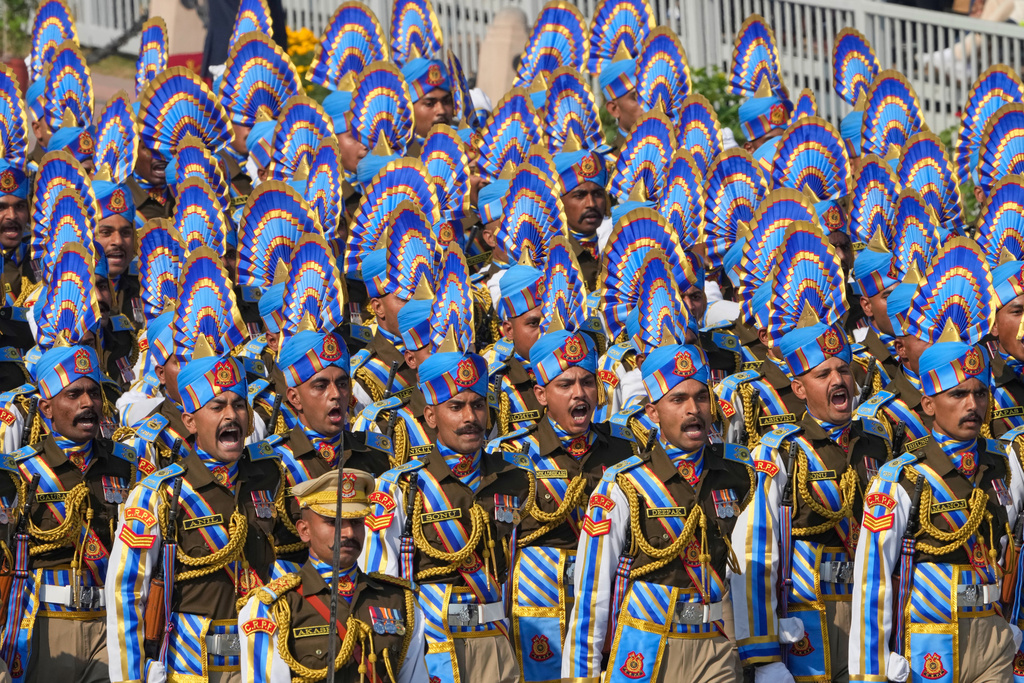 Indian Para-military force soldiers march during the Republic Day parade celebrations in New Delhi, India, Monday, Jan. 26, 2026. (AP Photo/Manish Swarup)