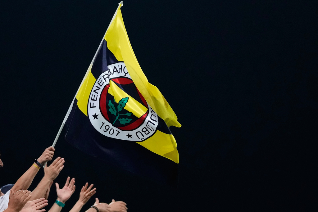 FILE - Fenerbahce fans celebrate the win of their team during the Europa League group B soccer match between AEK and Fenerbahce at AEK arena stadium in Larnaca, Cyprus, Oct. 13, 2022. (AP Photo/Petros Karadjias, File)