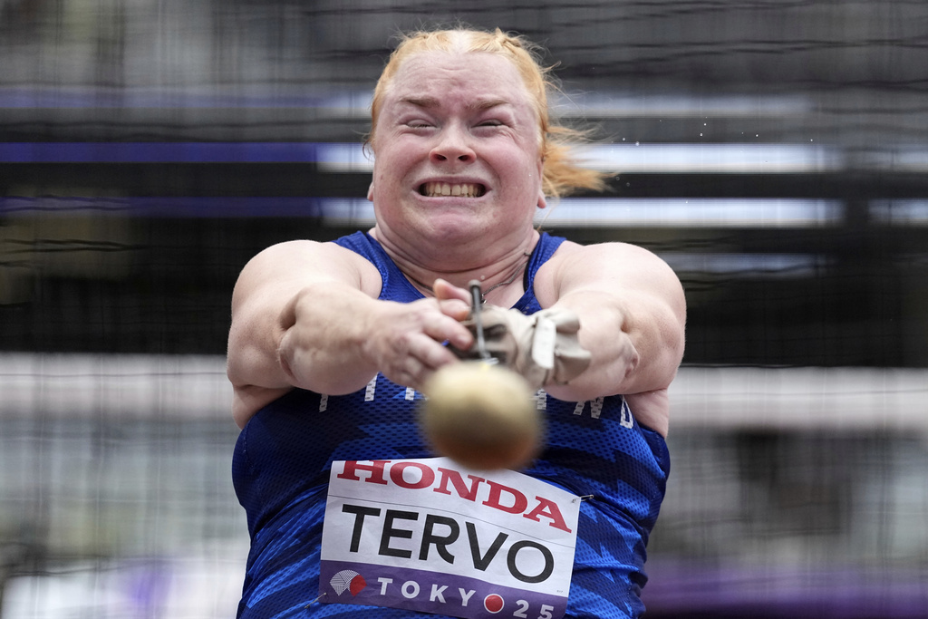 Finland's Krista Tervo makes an attempt in the women's hammer throw qualification at the World Athletics Championships in Tokyo, Sunday, Sept. 14, 2025. (AP Photo/Matthias Schrader)