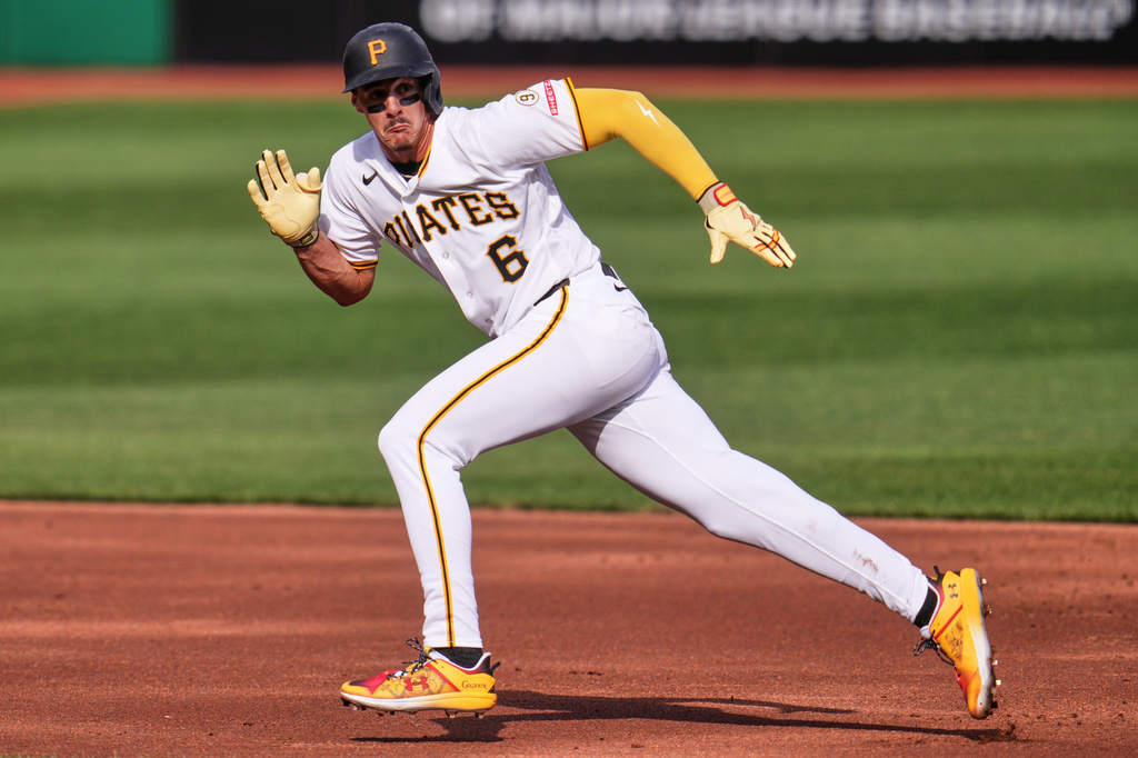 Pittsburgh Pirates' Konnor Griffin sprints for home to score a run during the second inning of a baseball game against the San Diego Padres in Pittsburgh, Friday, April 3, 2026. (AP Photo/Gene J. Puskar)