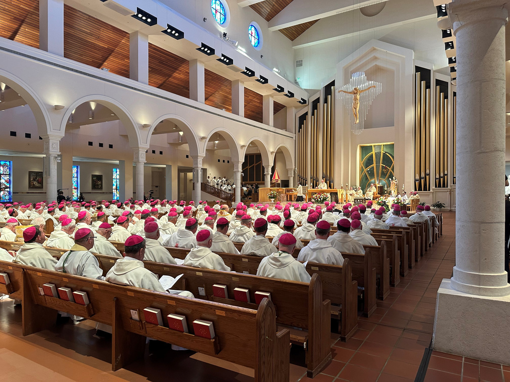 U.S. Catholic bishops are seated at the Basilica of the National Shrine of Mary, Queen of the Universe in Orlando, Fla., for a service Thursday, June 11, 2026, consecrating the United States to the Sacred Heart upon the nation's 250th anniversary. (AP Photo/Peter Smith)