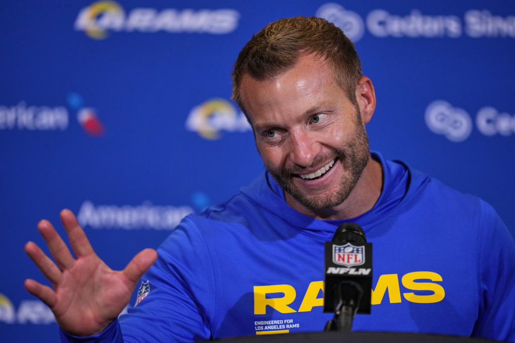 Los Angeles Rams head coach Sean McVay gestures during a press conference after an NFL football game between the Los Angeles Rams and the Jacksonville Jaguars in London, Sunday, Oct. 19, 2025. (AP Photo/Kin Cheung)