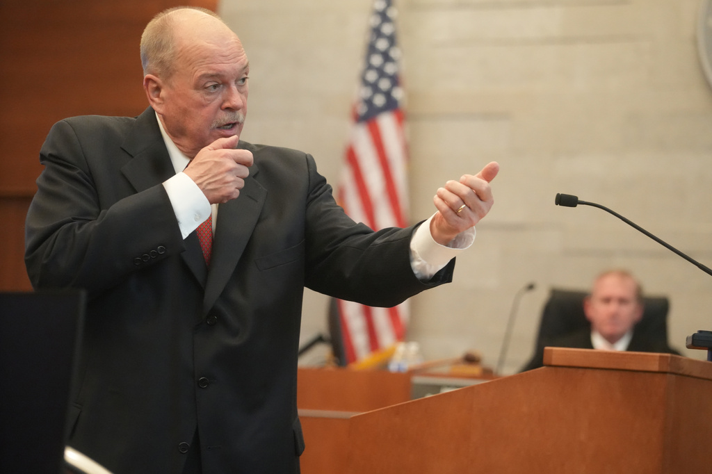 Attorney Howard Merkle, representing the state of Ohio, speaks to the jury during opening statements in the retrial of former Franklin County Deputy Jason Meade, who is charged with murder and reckless homicide in the 2020 killing of Casey Goodson Jr., inside Franklin County Common Pleas Court in Columbus, Ohio, Thursday, April 23, 2026. (Doral Chenoweth/Pool Photo via AP)
