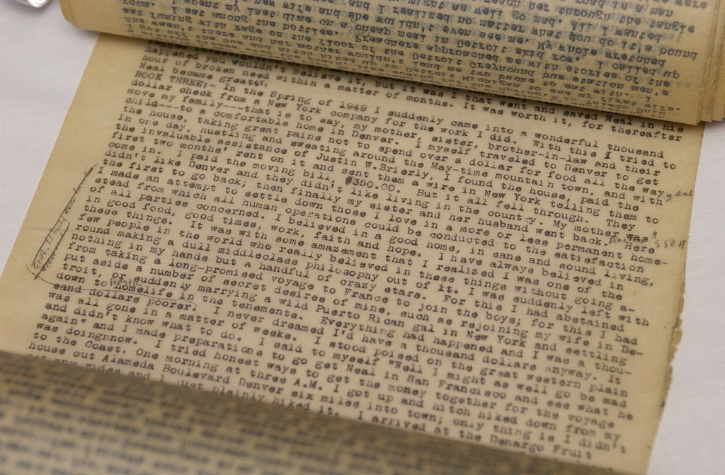 FILE - The original manuscript of the first draft of Jack Kerouac's "On The Road," is displayed in Indianapolis, Tuesday, Jan. 6, 2004. (AP Photo/Darron Cummings, File)
