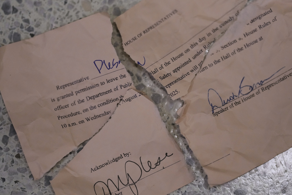 Democratic Texas state Rep. Plesa's ripped up 'permission slip' is seen outside the House Chamber after she and other democrats joined fellow Rep. Nicole Collier who refuses to leave due to a required law enforcement escort, Tuesday, Aug. 19, 2025, in Austin, Texas. (AP Photo/Eric Gay)