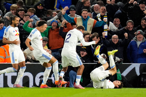 Leeds United's Brenden Aaronson, right, celebrates scoring with teammates during the English Premier League soccer match between Leeds United and West Ham United at Elland Road, Leeds, England, Friday Oct. 24, 2025. (Danny Lawson/PA via AP) Leeds United's Brenden Aaronson, right, celebrates scoring with teammates during the English Premier League soccer match between Leeds United and West Ham United at Elland Road, Leeds, England, Friday Oct. 24, 2025. (Danny Lawson/PA via AP)