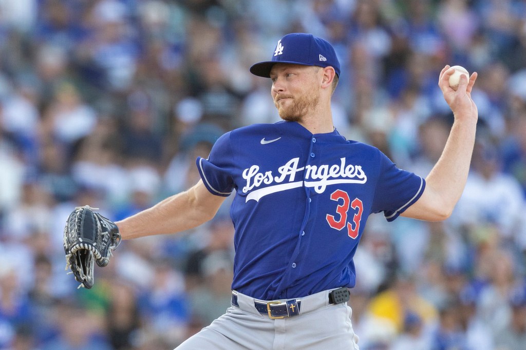 Los Angeles Dodgers pitcher Eric Lauer throws to the Athletics during the first inning of a baseball game Monday, June 29, 2026, in West Sacramento, Calif. (AP Photo/Sara Nevis)