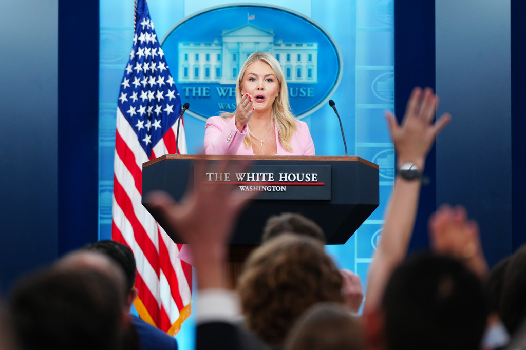 White House press secretary Karoline Leavitt speaks with reporters in the James Brady Press Briefing Room at the White House, Thursday, July 16, 2026, in Washington. (AP Photo/Julia Demaree Nikhinson)