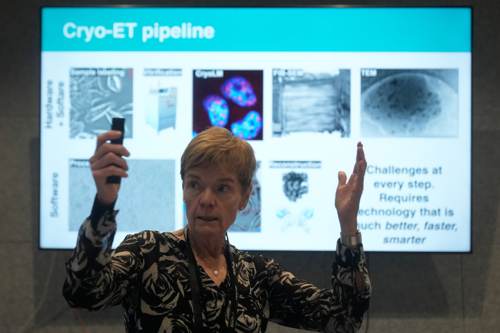 Biohub Founding Technical Director Bridget Carragher speaks during a tour of the Biohub Imaging Institute in Redwood City, Calif., Wednesday, Nov. 5, 2025. (AP Photo/Jeff Chiu)