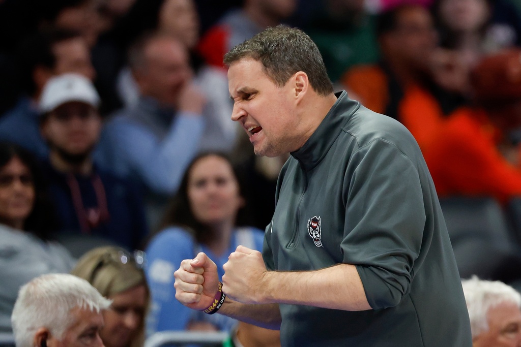 North Carolina State head coach Will Wade reacts during the second half of an NCAA college basketball game against Virginia in the quarterfinals of the Atlantic Coast Conference tournament in Charlotte, N.C., Thursday, March 12, 2026. (AP Photo/Nell Redmond)