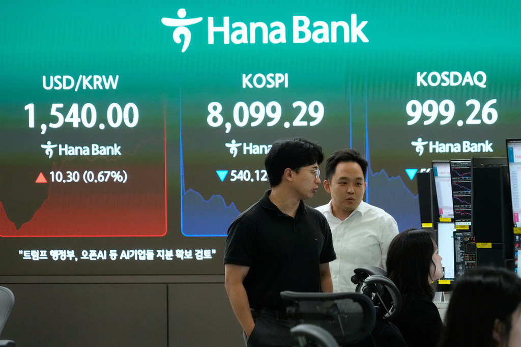 Currency traders watch monitors near a screen showing the Korea Composite Stock Price Index (KOSPI) and the foreign exchange rate between U.S. dollar and South Korean won at the foreign exchange dealing room of the Hana Bank headquarters in Seoul, South Korea, Friday, June 5, 2026. (AP Photo/Ahn Young-joon)