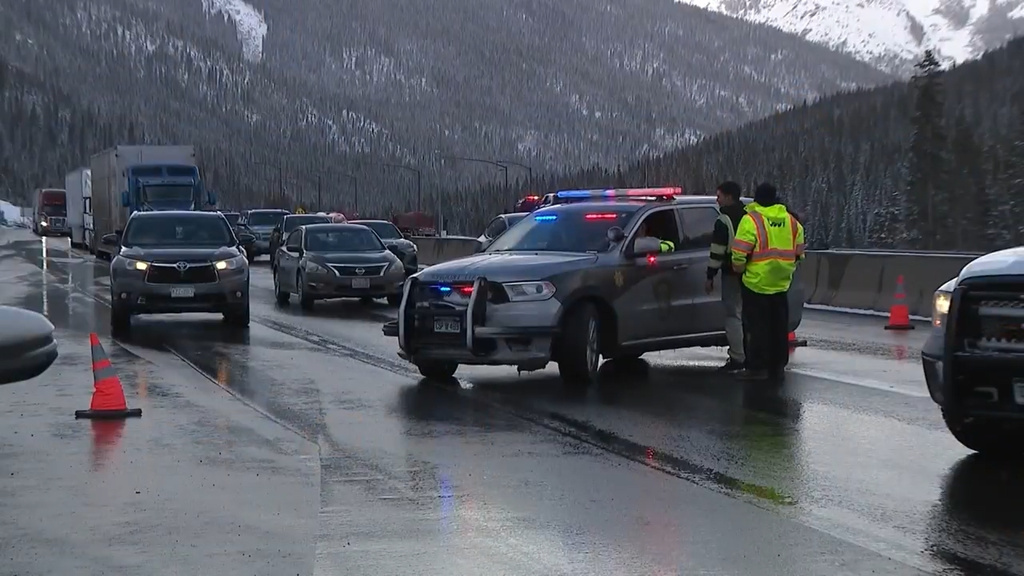 This grab from video shows traffic backed up after a multi-vehicle pile up on a section of a snowy highway in Clear Creek County, Colorado, Tuesday, April 14, 2026. (KMGH/Denver7 via AP)