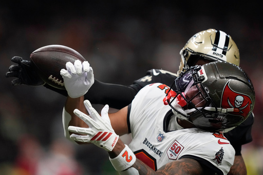 Tampa Bay Buccaneers wide receiver Emeka Egbuka (2) has his reception broken up by New Orleans Saints cornerback Alontae Taylor in the endzone during the second half of an NFL football game Sunday, Oct. 26, 2025, in New Orleans. (AP Photo/Gerald Herbert) Tampa Bay Buccaneers wide receiver Emeka Egbuka (2) has his reception broken up by New Orleans Saints cornerback Alontae Taylor in the endzone during the second half of an NFL football game Sunday, Oct. 26, 2025, in New Orleans. (AP Photo/Gerald Herbert)