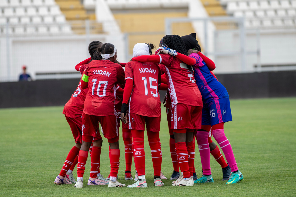 Sudan's U-17 women's national team warms up before a soccer match against Comoros, during qualifiers for the 2028 Los Angeles Summer Olympics, in Casablanca, Morocco, Monday, June 8, 2026. (AP Photo)