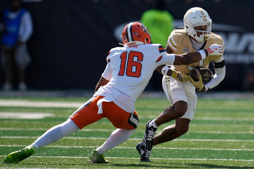 Georgia Tech wide receiver Eric Rivers (3) runs against Syracuse defensive back Chris Peal (16) during the first half of an NCAA college football game, Saturday, Oct. 25, 2025, in Atlanta. (AP Photo/Mike Stewart) Georgia Tech wide receiver Eric Rivers (3) runs against Syracuse defensive back Chris Peal (16) during the first half of an NCAA college football game, Saturday, Oct. 25, 2025, in Atlanta. (AP Photo/Mike Stewart)