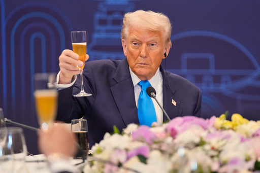 President Donald Trump toasts with state leaders during a dinner event hosted by South Korean President Lee Jae Myung in Gyeongju, South Korea, Wednesday, Oct. 29, 2025. (AP Photo/Mark Schiefelbein) President Donald Trump toasts with state leaders during a dinner event hosted by South Korean President Lee Jae Myung in Gyeongju, South Korea, Wednesday, Oct. 29, 2025. (AP Photo/Mark Schiefelbein)