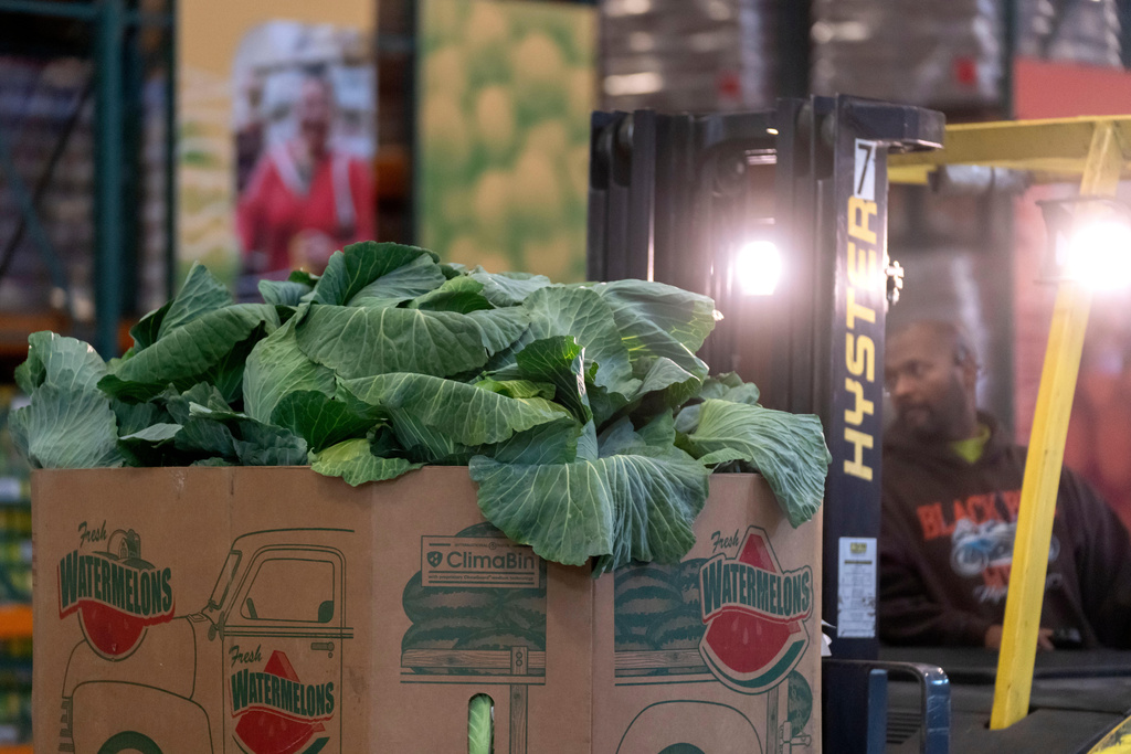 An employee uses a forklift to move boxes of produce at a warehouse of the Capital Area Food Bank, Thursday, Nov. 6, 2025, in Washington. (AP Photo/Mark Schiefelbein)