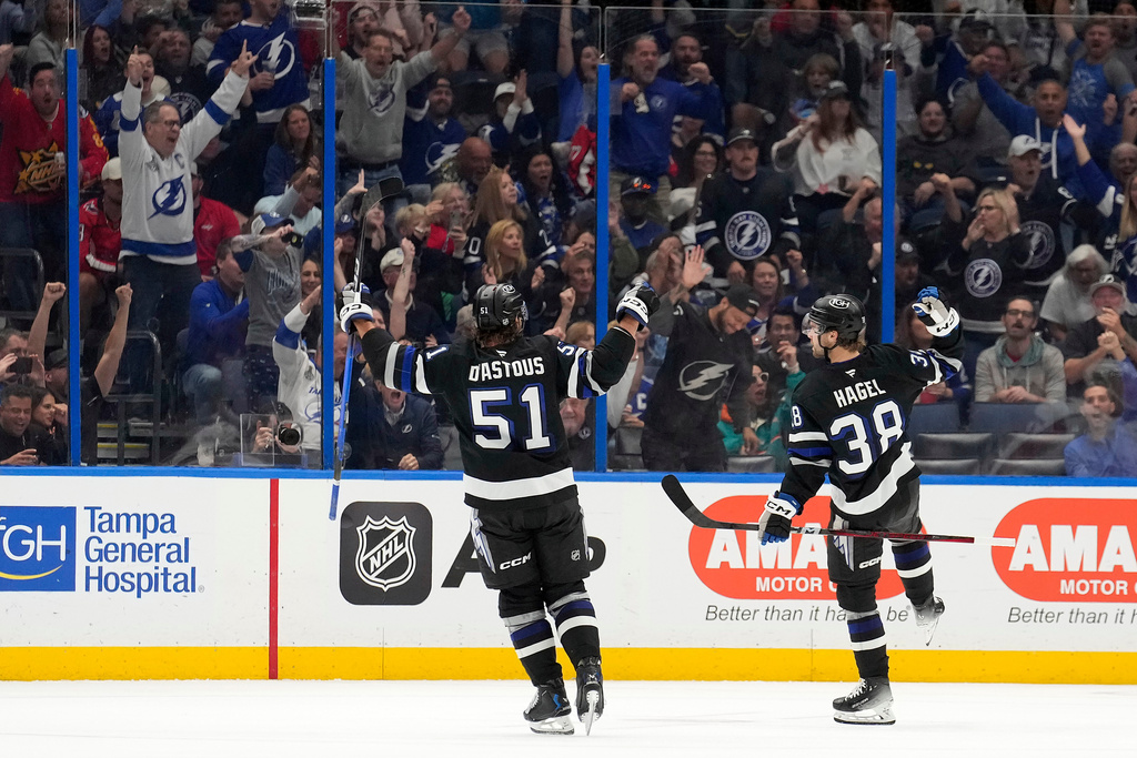 Tampa Bay Lightning left wing Brandon Hagel (38) celebrates his goal against the Washington Capitals with defenseman Charle-Edouard D'Astous (51) during the third period of an NHL hockey game Saturday, Nov. 8, 2025, in Tampa, Fla. (AP Photo/Chris O'Meara)