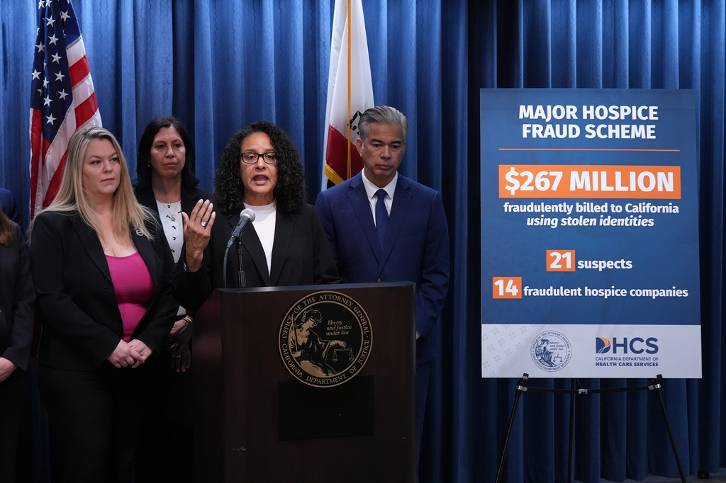 California Attorney General Rob Bonta announces the dismantling of a major hospice fraud scheme that defrauded the state of $267 million during a news conference in Los Angeles on Thursday, April 9, 2026. (AP Photo/Damian Dovarganes)