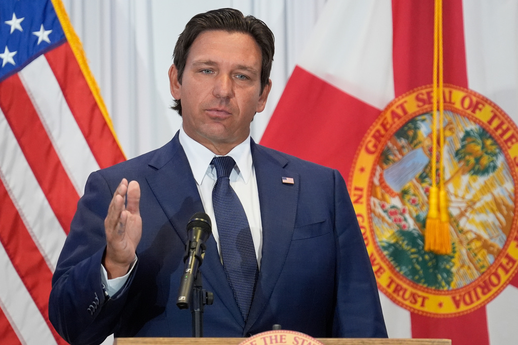 FILE - Florida Gov. Ron DeSantis speaks during a news conference, Aug. 12, 2025, in Tampa, Fla. (AP Photo/Chris O'Meara, File)