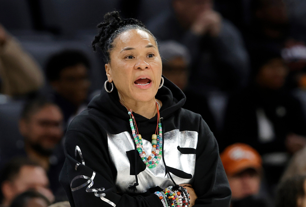 South Carolina head coach Dawn Staley calls out to players during the first half of an NCAA college basketball game between the South Carolina and Duke in the Players Era tournament, Wednesday, Nov. 26, 2025, in Las Vegas. (AP Photo/Steve Marcus)