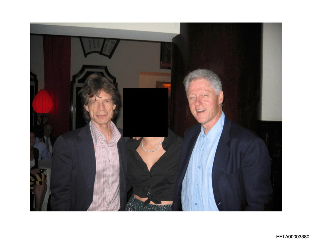 This undated, redacted photo released by the U.S. Department of Justice shows Mick Jagger, left, and former President Bill Clinton, right, with an unknown person. (U.S. Department of Justice via AP)