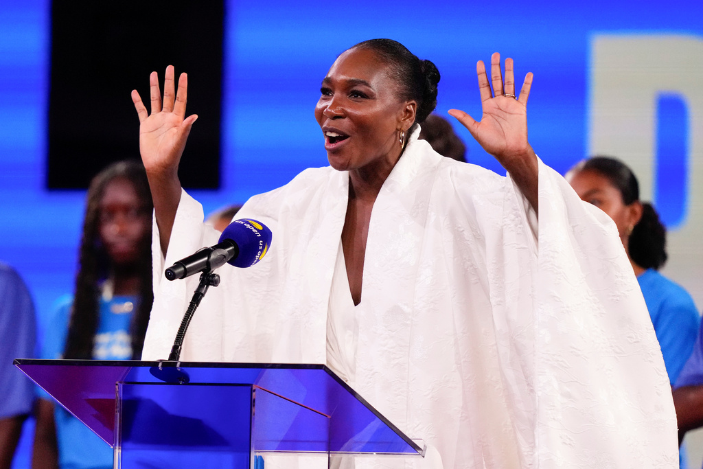 FILE - Venus Williams speaks during a ceremony at Arthur Ashe Stadium between matches during the women's singles semifinals of the U.S. Open tennis championships, Thursday, Sept. 4, 2025, in New York. (AP Photo/Yuki Iwamura, File)