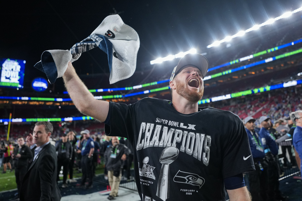 FILE - Seattle Seahawks quarterback Sam Darnold celebrates winning the NFL Super Bowl 60 football game over the New England Patriots, Feb. 8, 2026, in Santa Clara, Calif. (AP Photo/Matt Slocum, File)