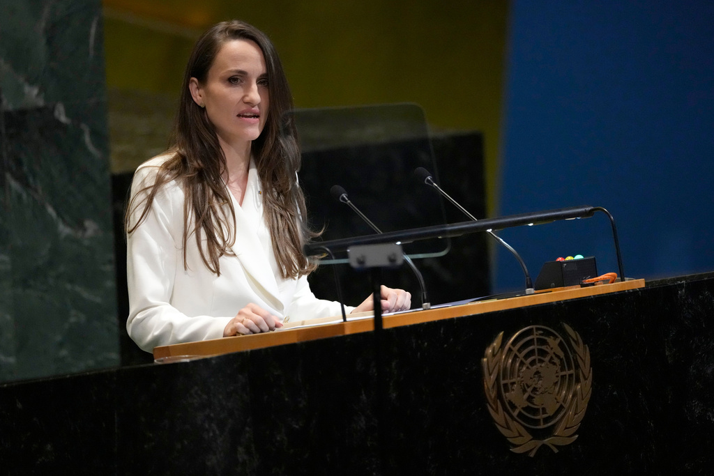 Minister for Foreign Affairs of Romania Oana-Silvia Ţoiu addresses the 80th session of the United Nations General Assembly, Saturday, Sept. 27, 2025, at U.N. headquarters. (AP Photo/Pamela Smith)